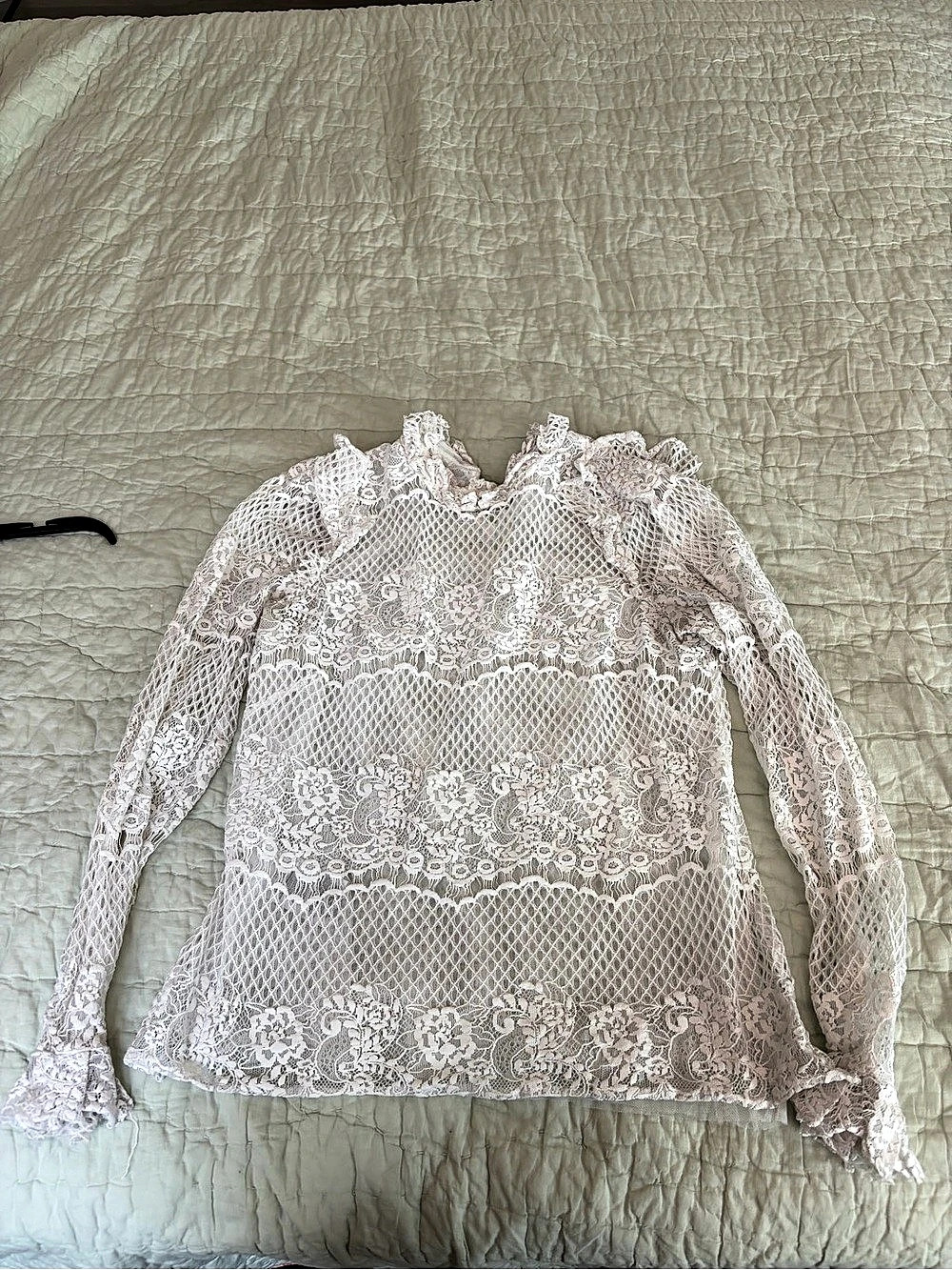 BCBGMAXAZRIA Lace Ruffle Neck Long Sleeve Blouse in White